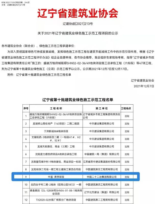 一公司一项工程获评2021年辽宁省建筑业绿色施工示范工程